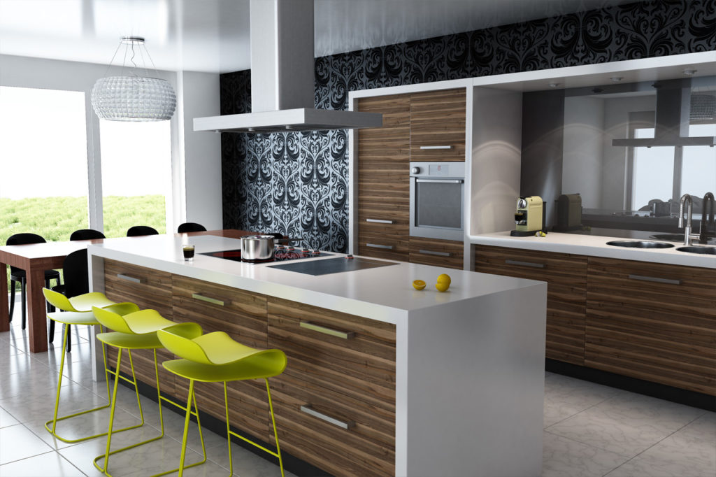 modern-kitchen-design-with-high-gloss-finish-white-granite-countertops-also-with-ceramic-flooring-plus-three-green-bar-stools-and-wooden-kitchen-cabinets-and-pendant-lamp