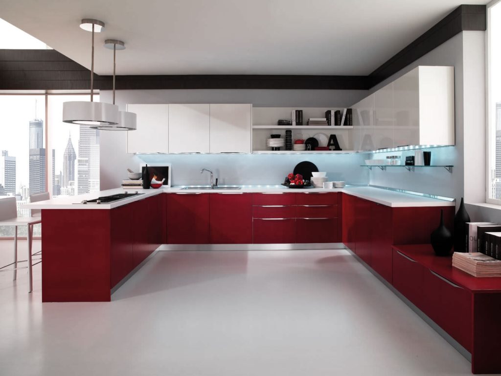 red and white modern kitchen cabinets